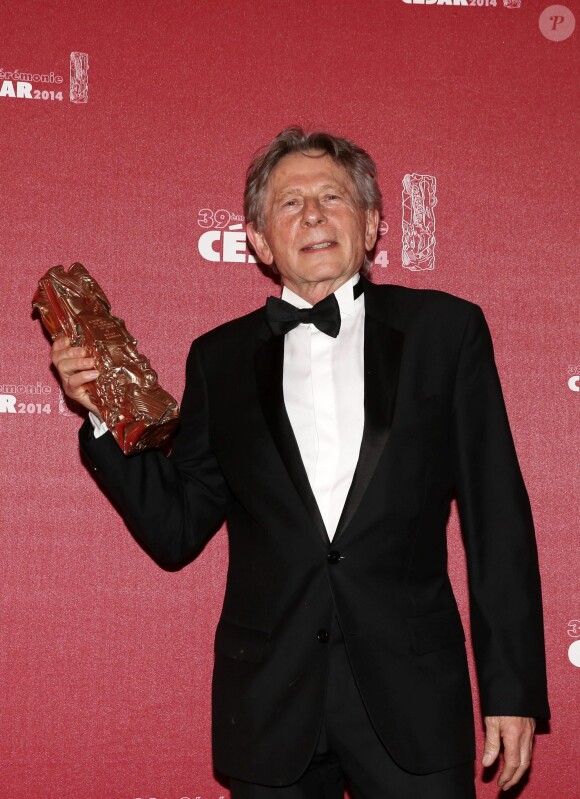 Roman Polanski et son César du meilleur réalisateur pour le film "La Vénus à la fourrure" - 39e cérémonie des César au théâtre du Châtelet à Paris le 28 février 2014.