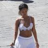 Exclusif - Rihanna se promène à Calvi, habillée d'un soutien-gorge et d'une mini-jupe Isabel Marant, et de sandales Alexander Wang (modèle Alek). Le 1er septembre 2014.