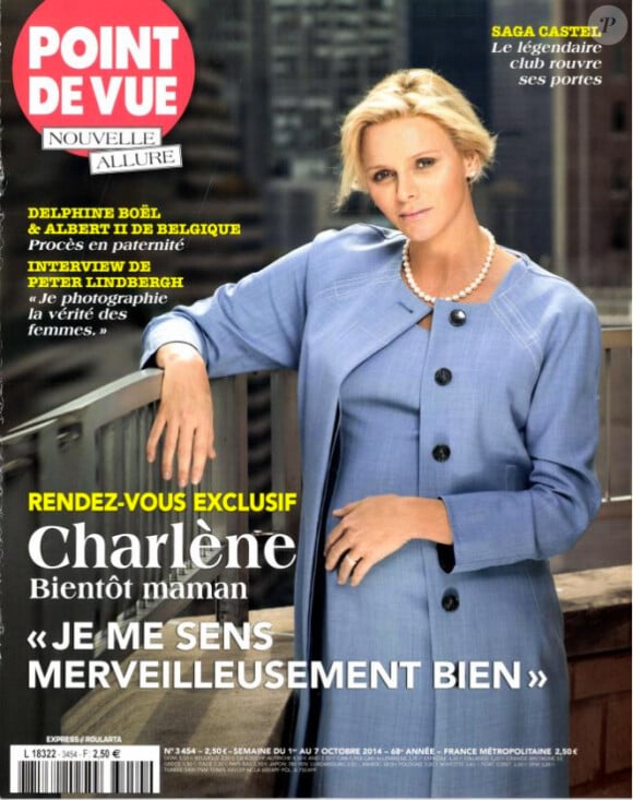 La princesse Charlene de Monaco, enceinte, fait la couverture de Point de Vue, en date du 1er octobre 2014, à l'occasion de son déplacement à New York.