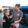 Exclusif - Brigitte Bardot pose avec l'équipage du bateau de l'organisation écologiste Sea Shepherd. Cela faisait au moins dix ans que Bardot n'avait pas quitté la Madrague pour se rendre sur le port de Saint-Tropez le 26 septembre 2014. Elle était accompagnée de son époux Bernard d'Ormale.