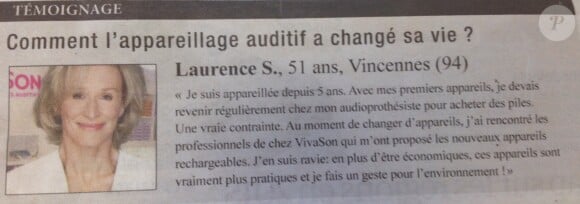 Publicité VivaSon avec une photo de Glenn Close (Laurence S.), parue dans l'édition du Parisien du 5 octobre