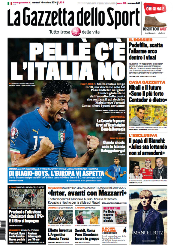La une de "La Gazzetta dello Sport" du 14 octobre 2014
