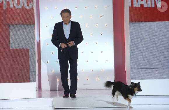 Michel Drucker et sa chienne Isia - Enregistrement de l'émission "Vivement dimanche" à Paris le 15 octobre 2014. L'émission sera diffusée le 19 octobre.