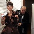 Exclusif - Erika Moulet essaie sa robe en chocolat avec Max Chaoul, le couturier et créateur spécialisé dans les robes de mariées à Paris, le 13 octobre 2014.