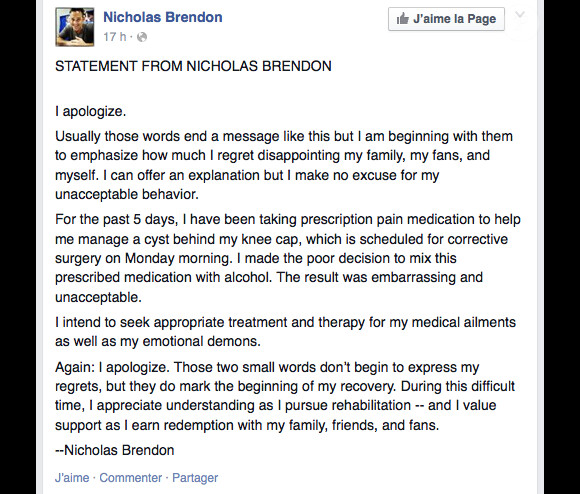 Après avoir été arrêté il y a quelques jours, l'acteur Nicholas Brendon a tenu à présenter ses excuses sur Facebook. Octobre 2014.
