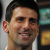 Novak Djokovic lors d'une conférence de presse à l'occasion du BNP Paribas Masters 1000 au Palais Omnisports de Paris-Bercy, à Paris le 27 octobre 2014, durant laquelle il a évoqué sa récente paternité