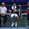 Novak Djokovic à l'entraînement avec son coach Boris Becker, le 25 octobre 2014 à l'occasion du BNP Paribas Masters à Paris
