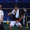 Novak Djokovic à l'entraînement avec son coach Boris Becker, le 25 octobre 2014 à l'occasion du BNP Paribas Masters à Paris