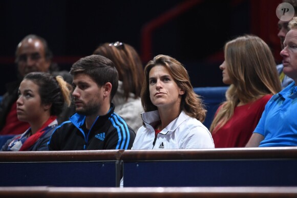 Amélie Mauresmo et Kim Sears lors du match d'Andy Murray au troisième jour du BNP Paribas Masters à Paris, le 29 octobre 2014