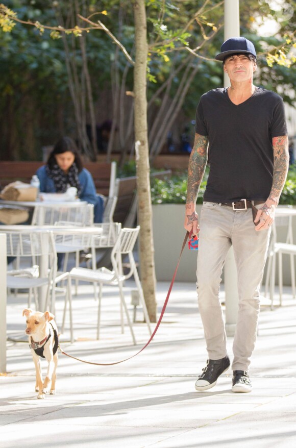 Tommy Lee et sa fiancée Sofia Toufa et leur chien à New York le 27 octobre 2014. 