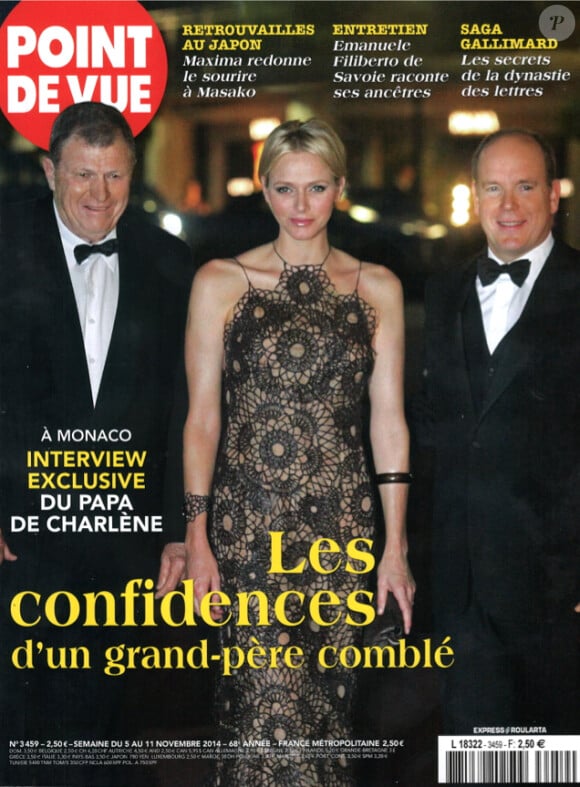 Michael Wittstock en couverture de Point de Vue avec sa fille la princesse Charlene et son gendre le prince Albert II en novembre 2014
