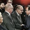 Jacques Chirac et Francois Hollande à la remise de prix de la fondation Chirac, au musée du Quai Branly, le 21 novembre 2014 à Paris.