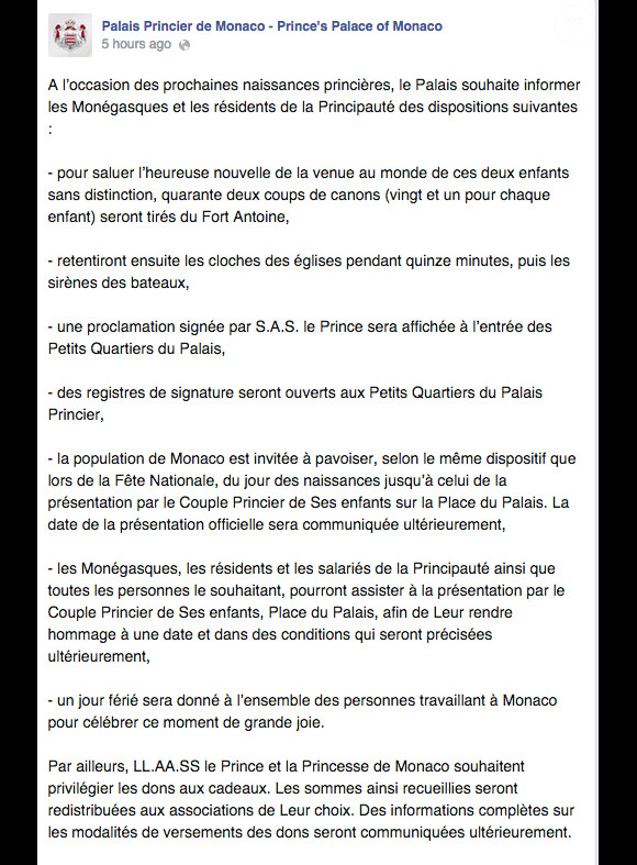 Annonce faite par le Palais Princier de Monaco sur son compte Facebook officiel le 22 novembre 2014