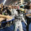 Lewis Hamilton sacré champion du monde de Formule 1 lors du Grand Prix d'Abou Dhabi, le 23 novembre 2014, aux Emirats Arabes Unis.