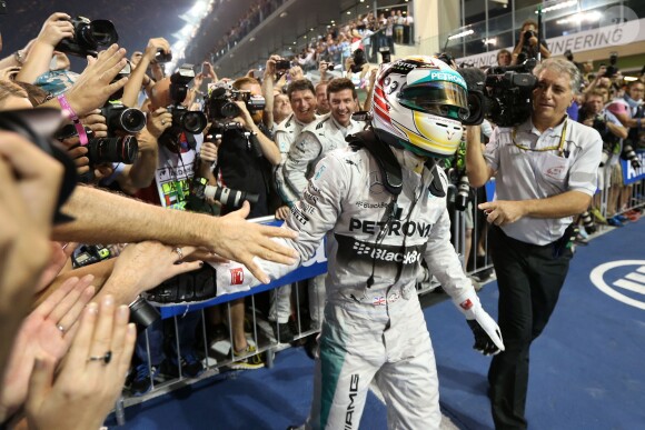 Lewis Hamilton sacré champion du monde de Formule 1 lors du Grand Prix d'Abou Dhabi, le 23 novembre 2014, aux Emirats Arabes Unis.