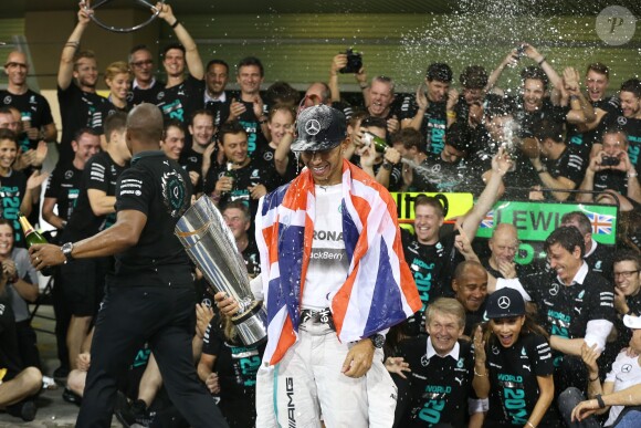 Lewis Hamilton célèbre son titre de champion du monde des pilotes avec l'écurie Mercedes, le 23 novembre 2014, sur le circuit d'Abou Dhabi