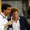 Le prince Harry avec Toto Wolff, directeur de l'écurie Mercedes, dans le paddock lors du Grand Prix de F1 d'Abu Dhabi le 23 novembre 2014