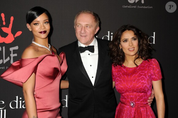 Rihanna, François-Henri Pinault et Salma Hayek assistent à la première édition du Diamond Ball de la Clara Lionel Foundation. Beverly Hills, le 11 décembre 2014.