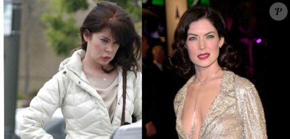 Lara Flynn Boyle métamorphosée par la chirurgie : à gauche, photo prise à Los Angeles en mars 2012 ; à droite, photo prise en l'an 2001.