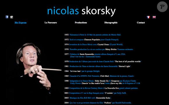 Capture d'écran du site de Nicolas Skorsky, faiseur de tubes retrouvé mort égorgé le 20 octobre 2014 à Paris. Il avait 62 ans.
