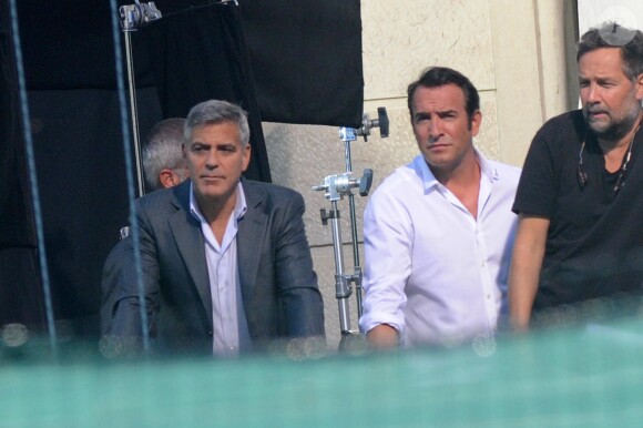 Le tournage de la publicité pour la marque de café Nespresso avec Jean Dujardin et George Clooney à Cernobbio (Italie), le 28 août 2014