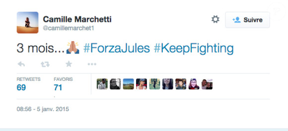 Message de Camille Marchetti, la compagne de Jules Bianchi, sur Twitter - 6 janvier 2015