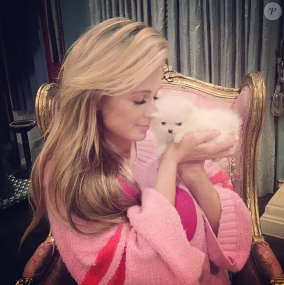 Paris Hilton pose avec son nouveau chiot, sur Instagram, le mercredi 7 janvier 2015.