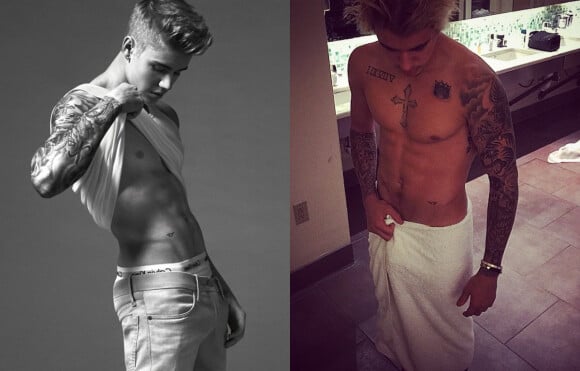 Justin Bieber pour Calvin Klein à gauche. Le même sur Instagram à droite, janvier 2015. Le chanteur se fiche des critiques qui l'accuse d'avoir été photosphoppé pour la campagne Calvin Klein.