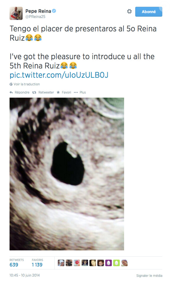 Pepe Reina annonce que son épouse Yolanda attend leur cinquième enfant sur Twitter - juin 2014