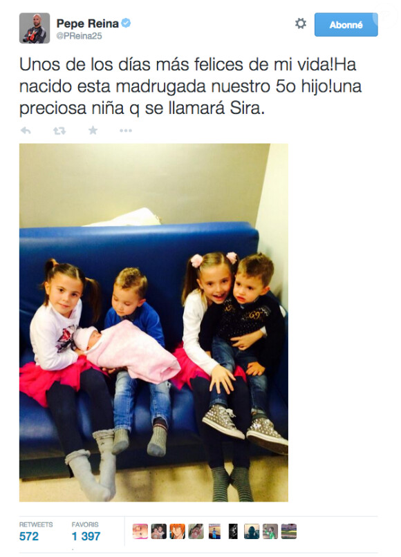 Pepe Reina annonce la naissance de son 5e enfant le 15 janvier 2015.