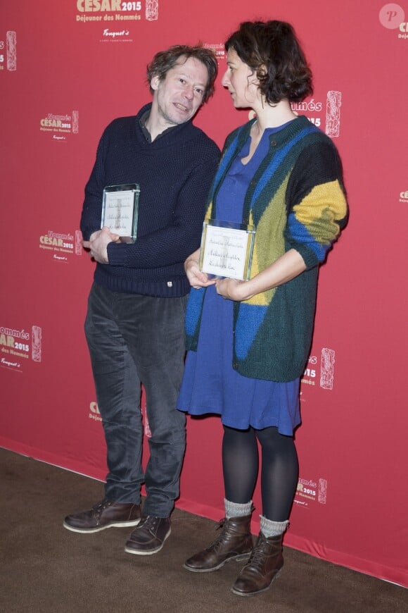 Mathieu Amalric et Stéphanie Cléau, nommés dans la catégorie Meilleure Adaptation pour le film "La Chambre bleue" - Déjeuner des nommés aux César 2015 au Fouquet's à Paris, le 7 février 2015