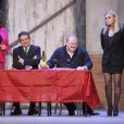 Fabienne Chaudat, Michel Guidoni, Franck de Lapersonne et Cécile de Ménibus - Filage de la pièce "Le bouffon du Président" au théâtre des Variétés à Paris le 10 février 2015.