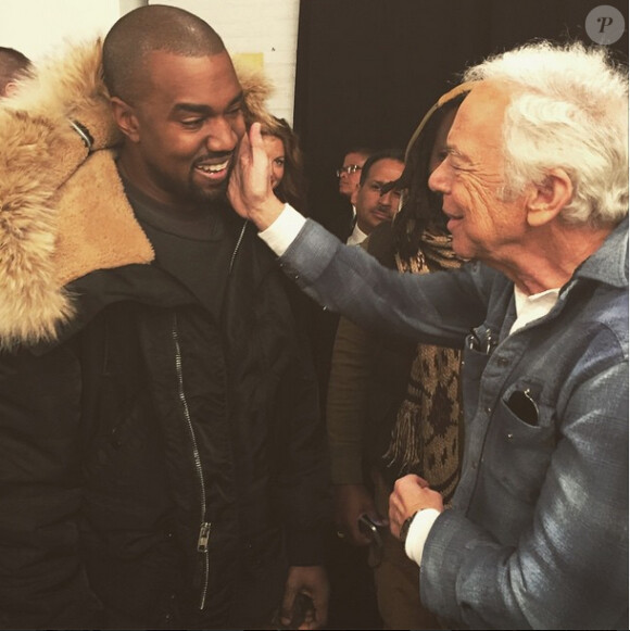 Kanye West rencontre son idole, Ralph Lauren, dans les coulisses du défilé du créateur, au Skylight Clarkson Sq. New York, le 19 février 2015.