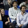 Laure Manaudou avec son compagnon Benoît Moussilmani et le frère jumeau de ce dernier, Sylvain lors de l'Open 13 à Marseille, le 19 février 2015