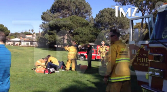 Le secours arrivant sur place pour soigner Harrison Ford après son accident d'avion à Los Angeles sur un terrain de golf de Venice le 5 mars 2015