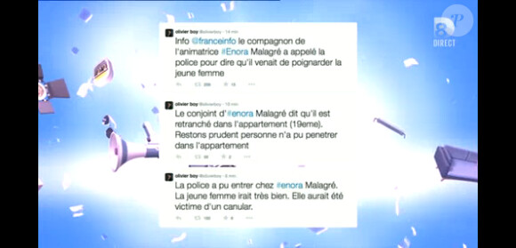 Les tweets postés par le journaliste Olivier Boy au sujet d'Enora Malagré, dans Touche pas à mon poste sur D8, le mardi 10 mars 2015.