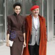 Farida Khelfa et Christian Louboutin quittent la Fondation Louis Vuitton à l'issue du défilé Louis Vuitton automne-hiver 2015-2016. Paris, le 11 mars 2015.