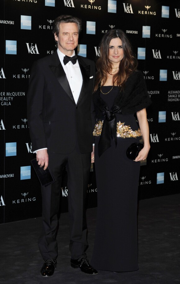 Colin Firth et sa femme Livialors du gala "Alexander McQueen : Savage Beauty" au Victoria and Albert Museum à Londres, le 12 mars 2015.  