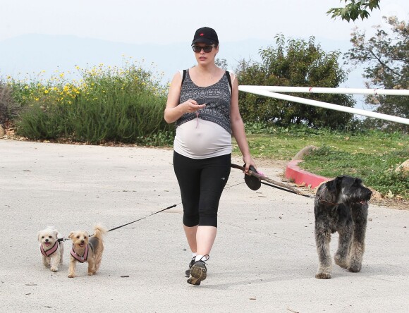 Milla Jovovich très enceinte fait une randonnée avec ses chiens à Los Angeles, le 10 mars 2015.