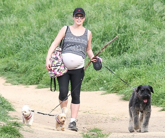 Milla Jovovich très enceinte fait une randonnée avec ses chiens à Los Angeles, le 10 mars 2015.
