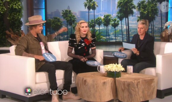 Madonna et Justin bieber sur le plateau de "The Ellen Show", le 18 mars 2015.