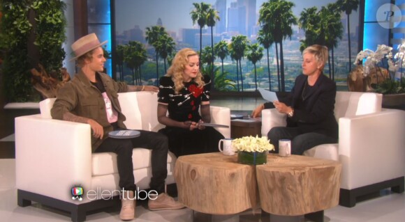 Madonna et Justin bieber sur le plateau de "The Ellen Show", le 18 mars 2015.