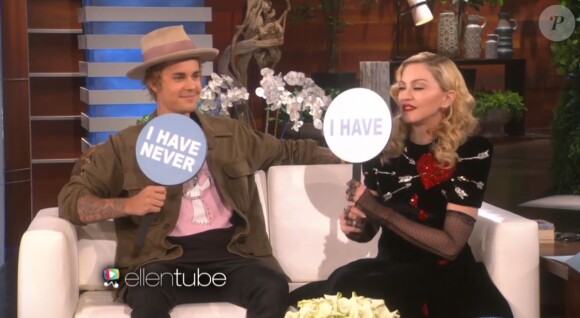 Madonna et Justin bieber sur le plateau de "The Ellen Show", le 18 mars 2015.