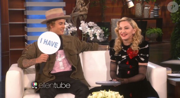 Madonna et Justin bieber sur le plateau de "The Ellen Show", le 18 mars 2015.