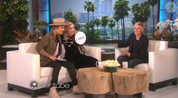 Madonna et Justin bieber sur le plateau de "The Ellen Show", le 18 mars 2015.