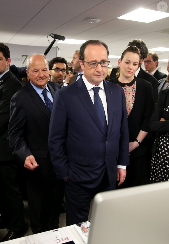 Marc Ladreit de Lacharrière, François Hollande et Axelle Lemaire (Secrétaire d'État chargée du Numérique) - Le président de la république François Hollande, en visite au groupe numérique français Webedia. Paris, le 10 mars 2015