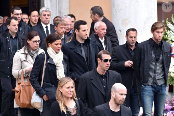 Coralie Balmy, Alain Bernard lors des obsèques de Camille Muffat en l'église Saint Jean-Baptiste-Le Vœu à Nice, le 25 mars 2015