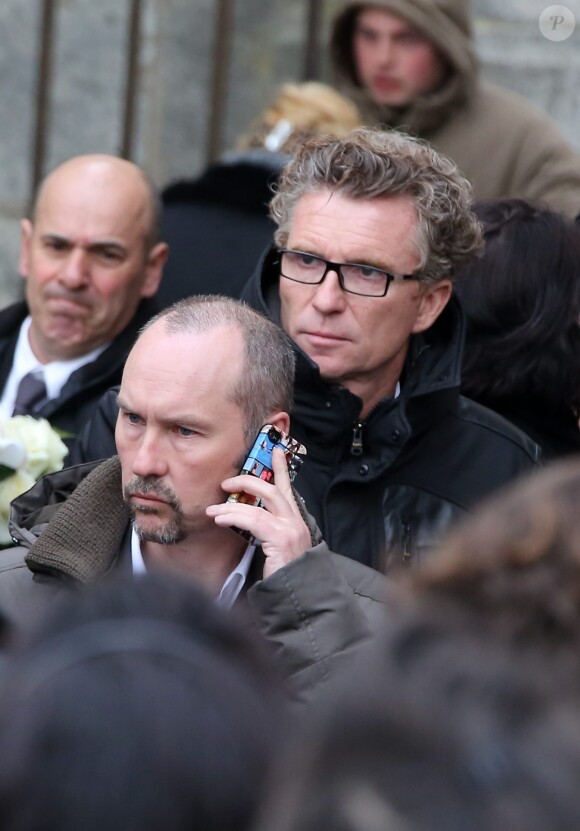 Denis Brogniart et Frederic Ivernel (directeur de la communication externe et marketing de TF1) - Obsèques de Gerald Babin (candidat de Koh-Lanta) à Nemours le 5 avril 2013.