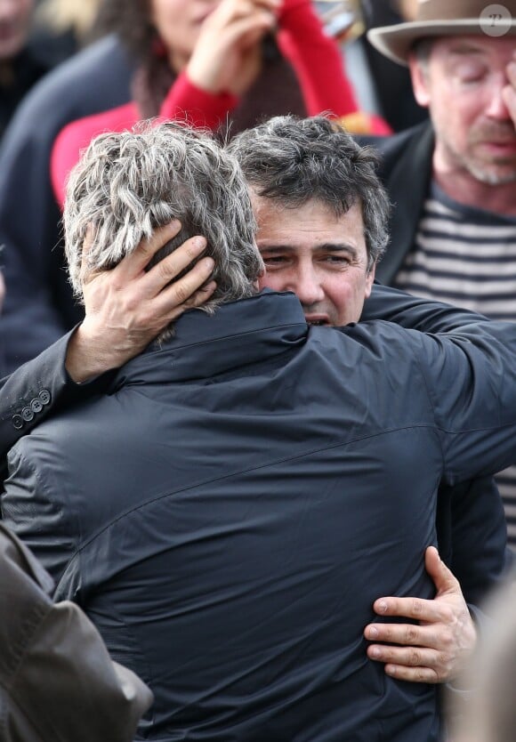 Patrick Pelloux - Sorties des obsèques du dessinateur Charb (Stéphane Charbonnier) au parc des expositions à Pontoise (Val-d'Oise), le 16 janvier 2015. Il fait partie des 12 personnes tuées lors de l'attaque terroriste au siège de Charlie Hebdo, le 7 janvier 2015.