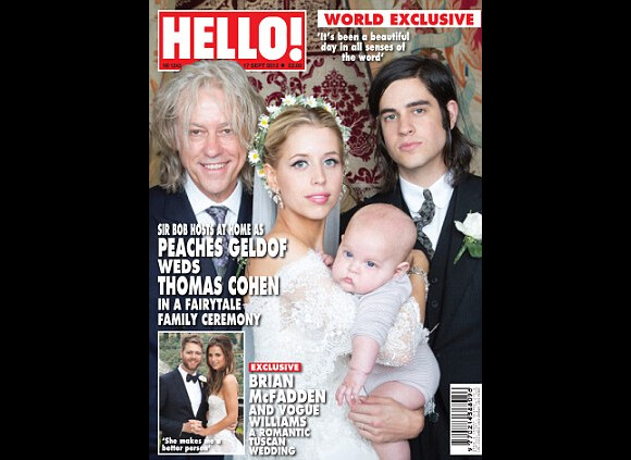 Couverture de Hello, pour le mariage de Peaches Geldof avec Thomas Cohen, sur la photo posent également Bob Geldof et le fils de la mariée, Astala - septembre 2012